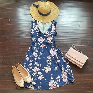 Romantic Navy Floral Faux Wrap Midi Dress